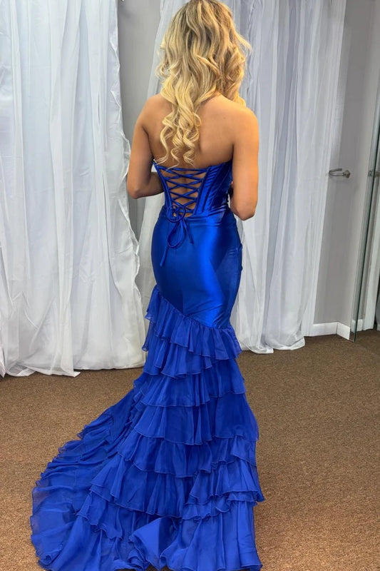 Chic Mermaid Sweetheart Neck Strapless Lace Up Back Long Ruffles Tiered High Side Slit Prom Dresses