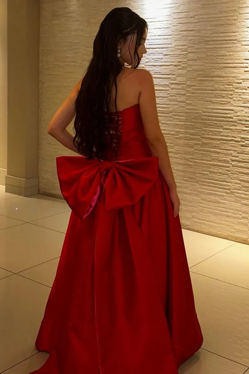 Chic Red Ball Gown Strapless Sleeveless Bow Back Long Prom Dresses with Bowknot