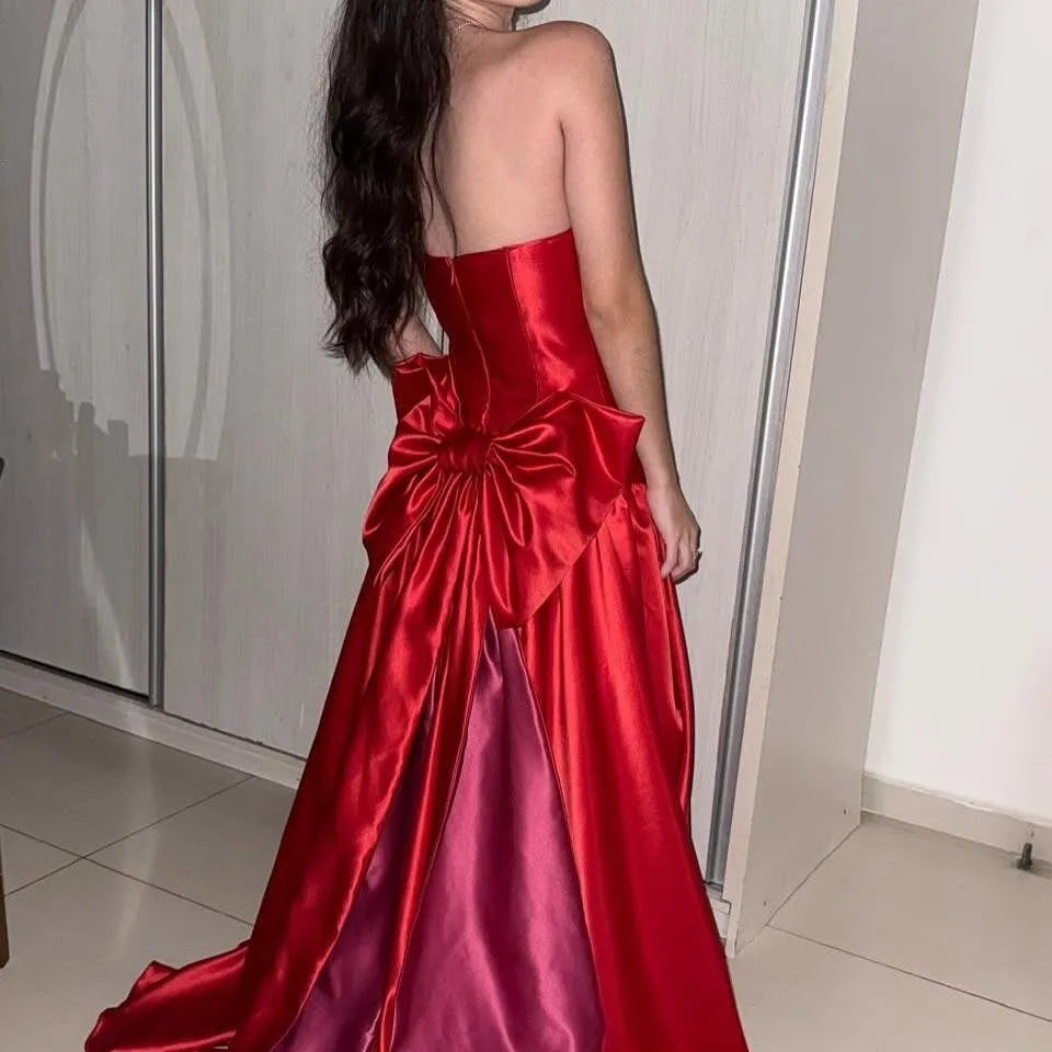 Chic Red Ball Gown Strapless Sleeveless Bow Back Long Prom Dresses with Bowknot