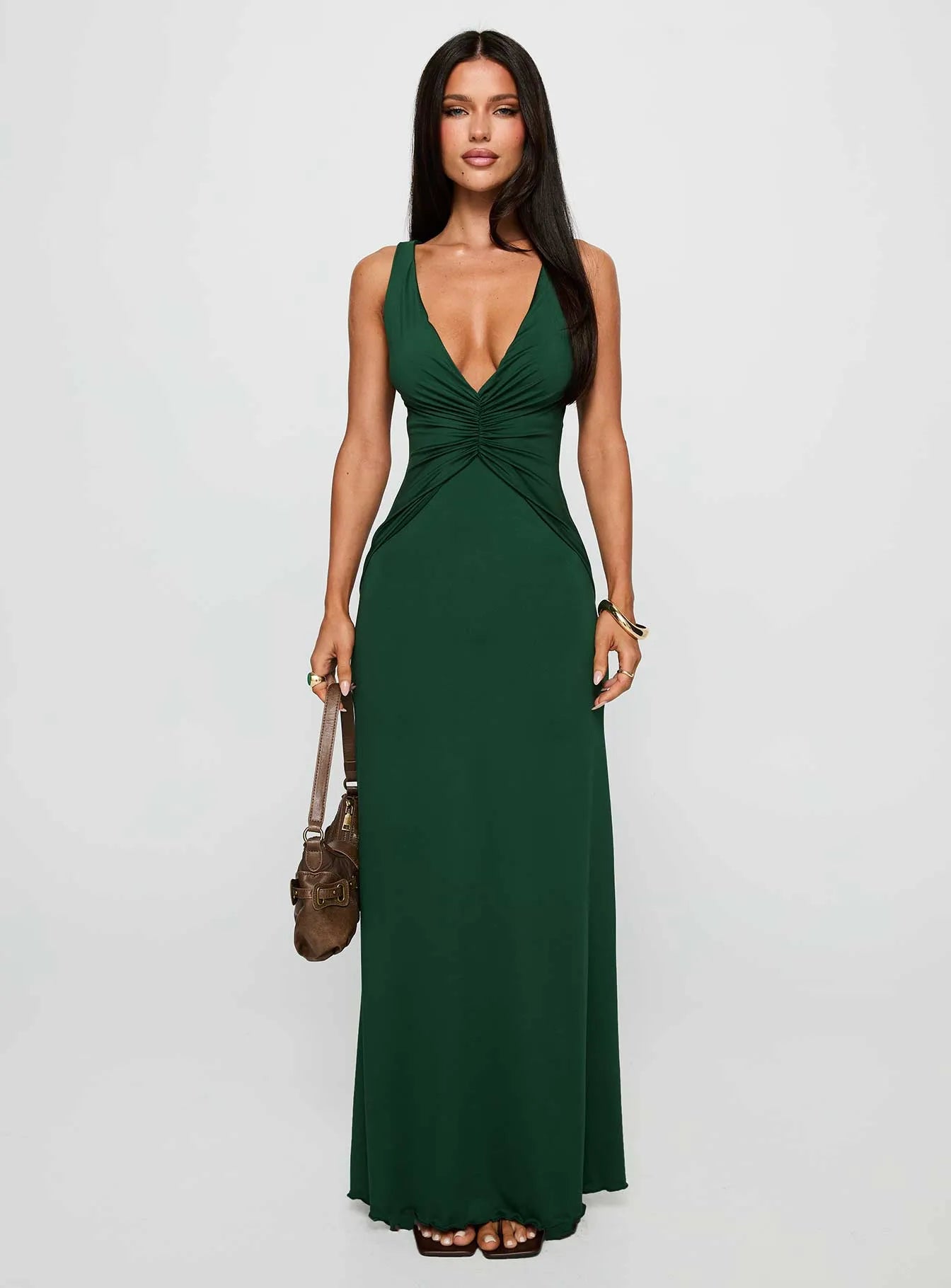 Chic Sheath Deep V Neck Sleeveless Cutout Back Floor Length Prom Dresses