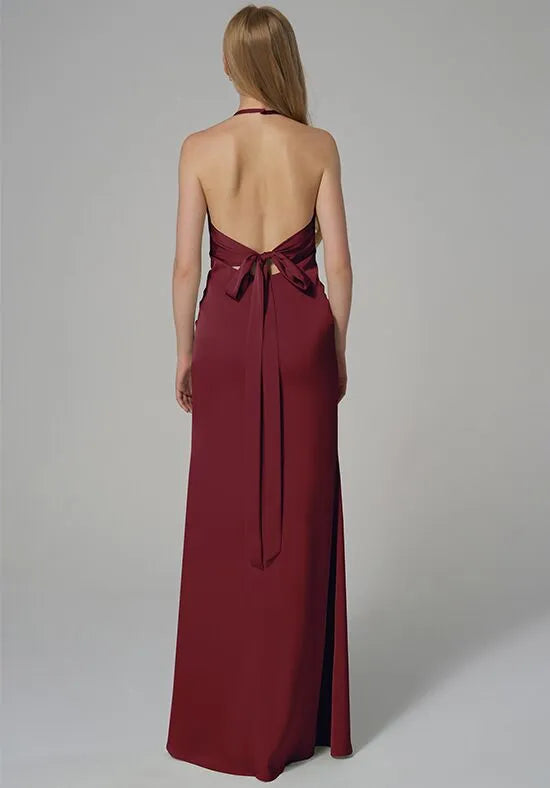 Chic Sheath Halter Neck Sleeveless Tie Back Long Bridesmaid Dresses