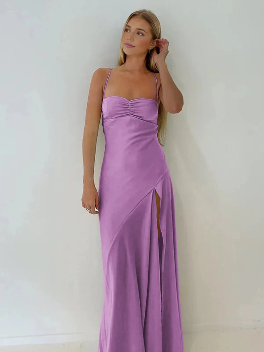 Chic Sheath Sweetheart Neck Spaghetti Strap Solid Back Floor Length Prom Dresses With Split