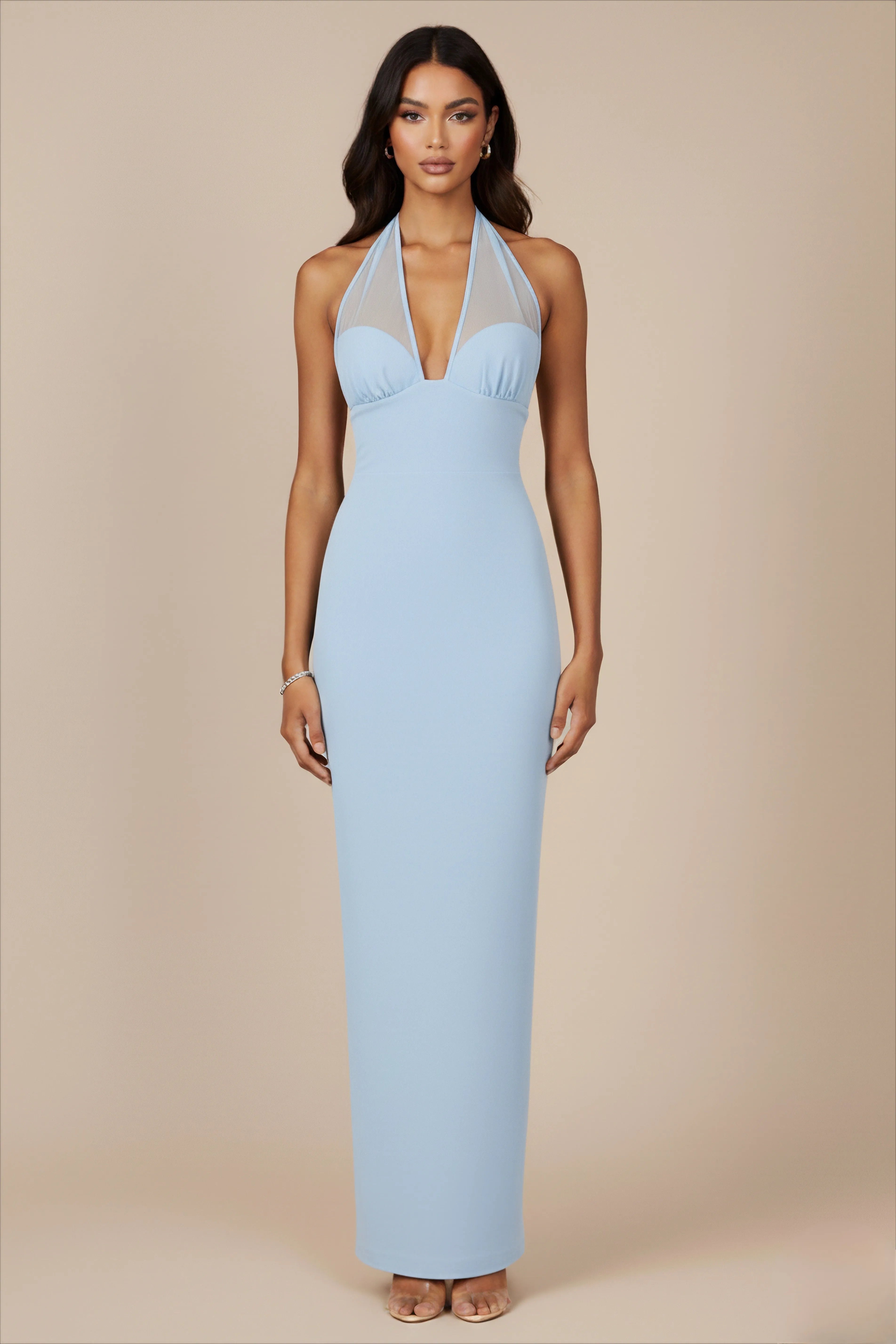 Chic Sheath V-Neck Halter Mesh Sleeveless Zipper Back Long Prom Dresses