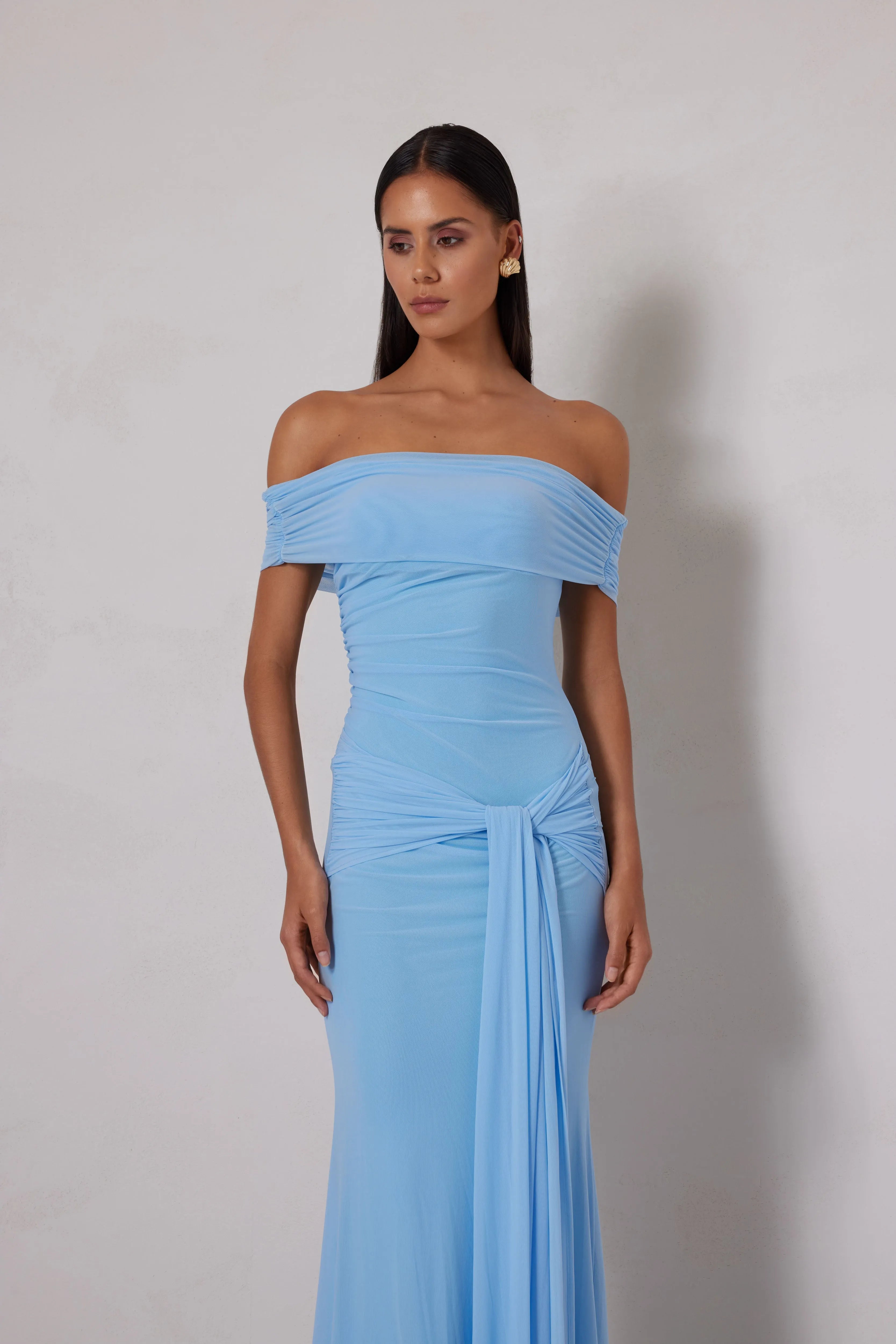 Chic Trumpet Off Shoulder Sleeveless Ruched Zipper Back Long Prom Dresses