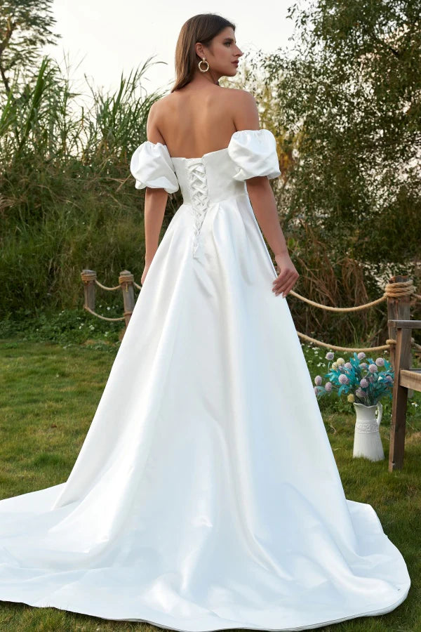 Chic A-Line Sweetheart Neck Puff-Sleeve Lace-Up-Back Cathedral-Train Wedding Dresses