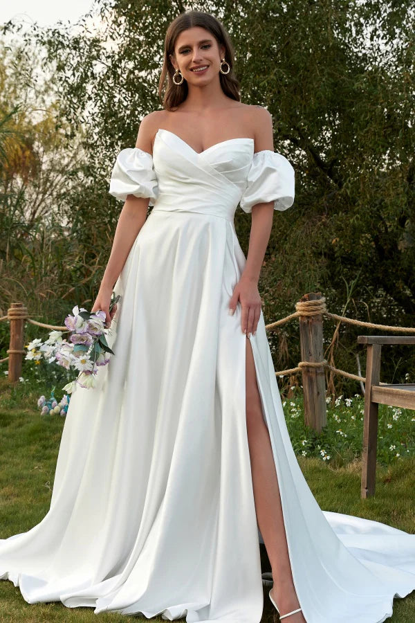 Chic A-Line Sweetheart Neck Puff-Sleeve Lace-Up-Back Cathedral-Train Wedding Dresses