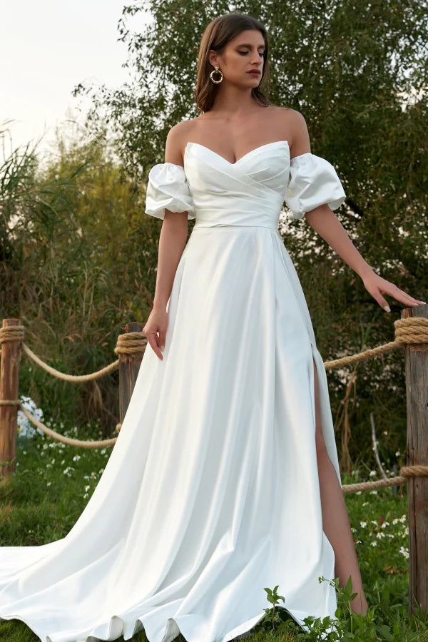 Chic A-Line Sweetheart Neck Puff-Sleeve Lace-Up-Back Cathedral-Train Wedding Dresses