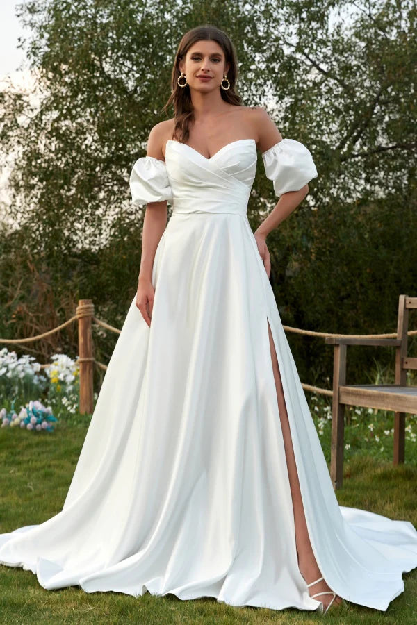 Chic A-Line Sweetheart Neck Puff-Sleeve Lace-Up-Back Cathedral-Train Wedding Dresses