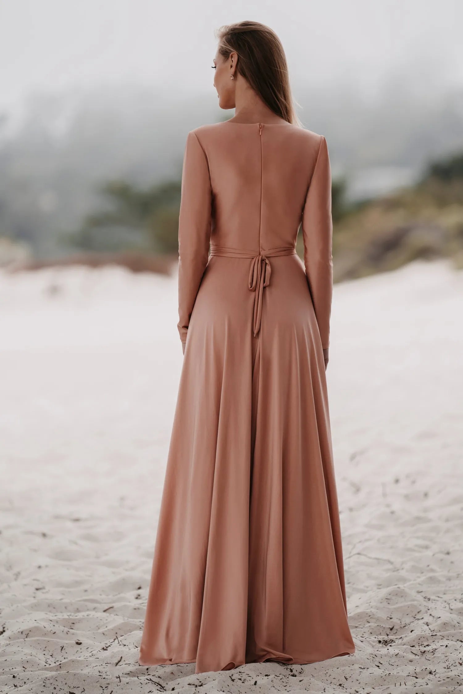 Elegant A-Line Deep V Long-Sleeve Tie Back Long Bridesmaid Dresses