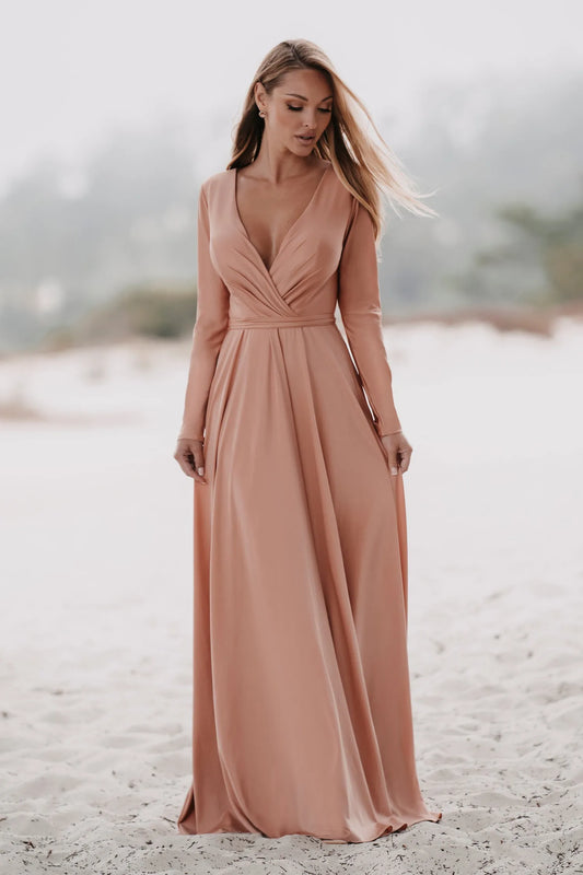 Elegant A-Line Deep V Long-Sleeve Tie Back Long Bridesmaid Dresses
