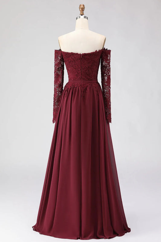Elegant A-Line Off-the-Shoulder Lace-Sleeve Button-Back Floor-Length Mother of the Bride Dresses