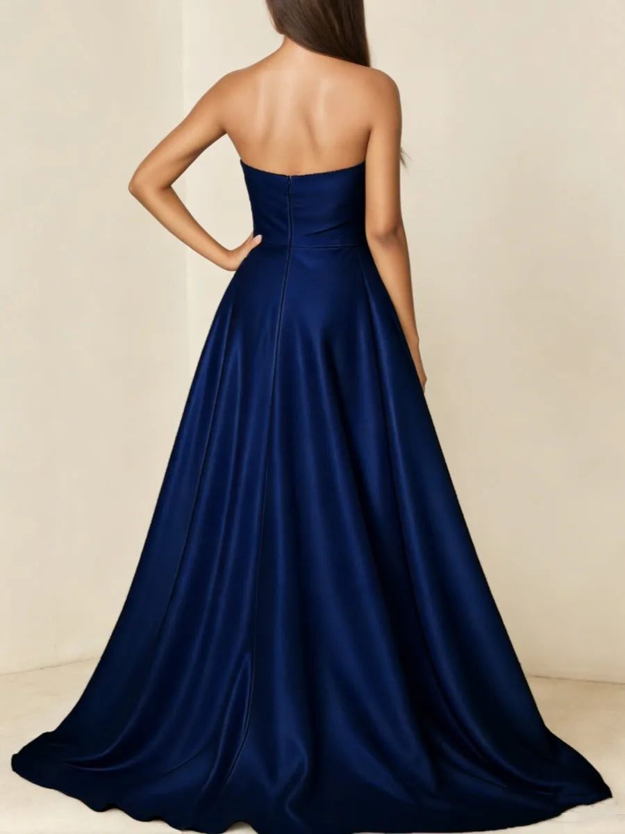 Elegant A-Line One-Shoulder Sleeveless Bow Back Floor-Length Evening Dresses