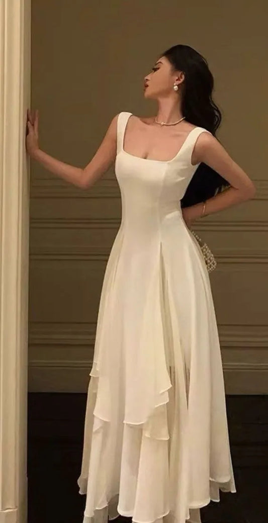 Elegant A-Line Square Neck Sleeveless Open Back Floor-Length Evening Dresses