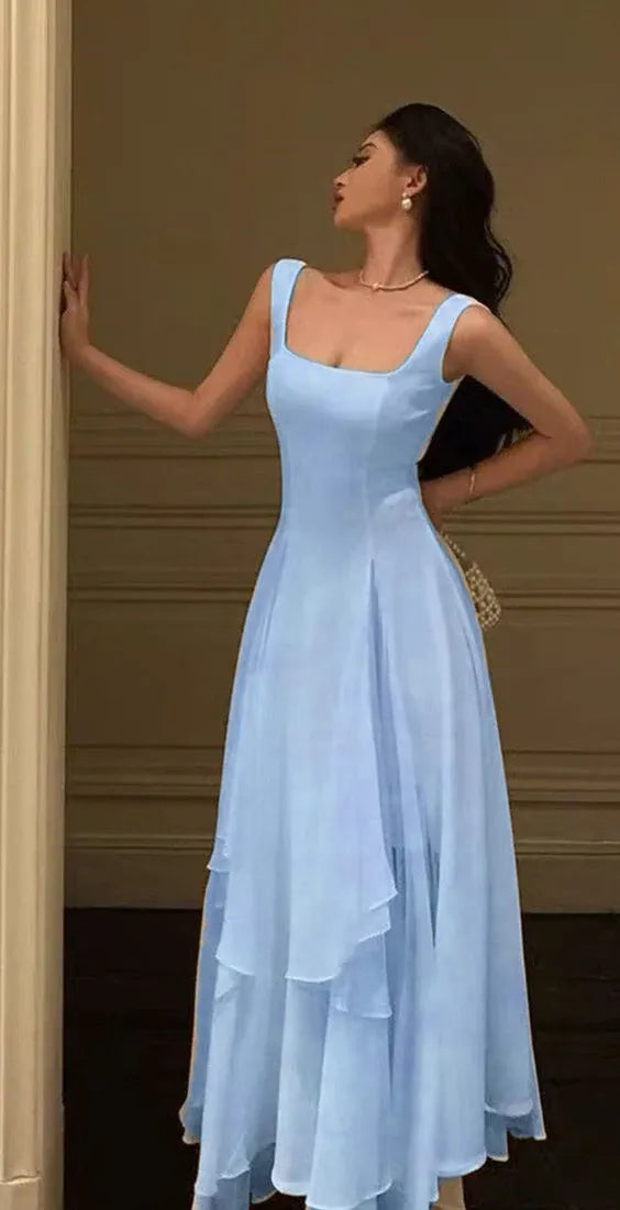 Elegant A-Line Square Neck Sleeveless Open Back Floor-Length Evening Dresses