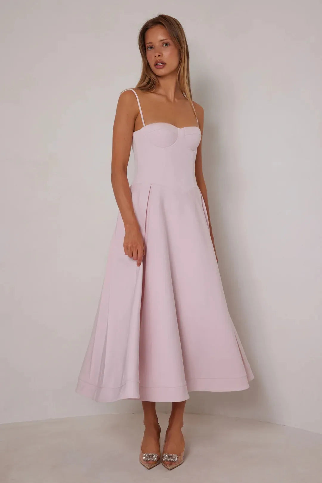 Elegant A-Line Sweetheart Neck Spaghetti Strap Zipper Back Midi Prom Dresses