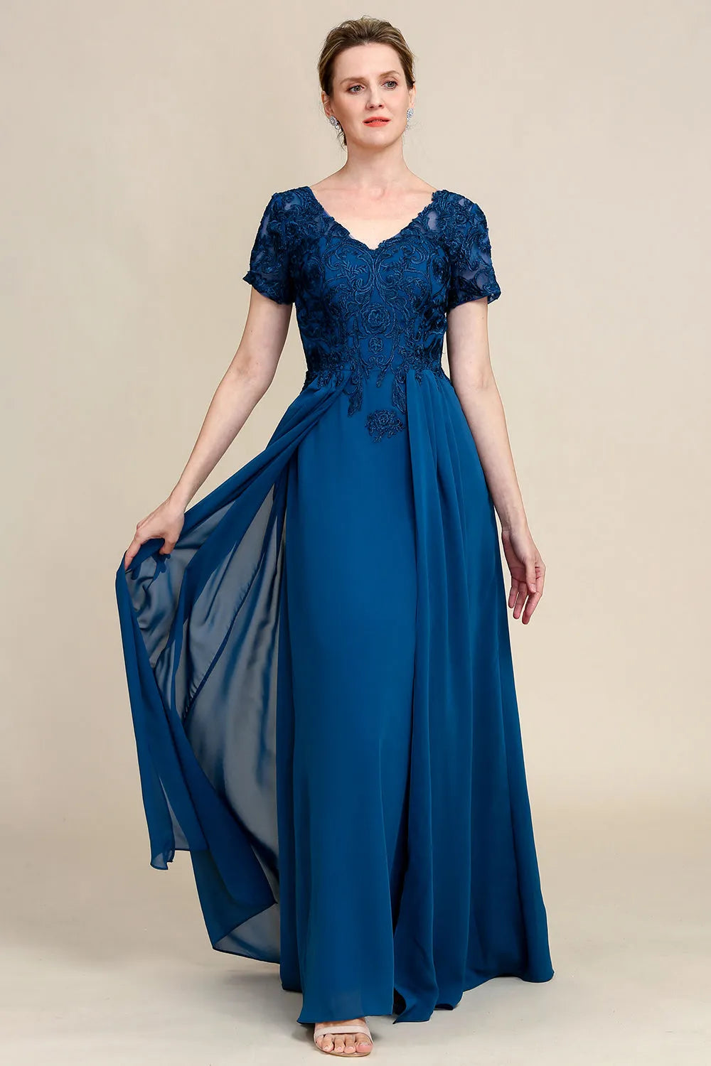 Elegant A-Line V-Neck Cap Sleeve Lace-Back Floor-Length Mother of the Bride Dresses