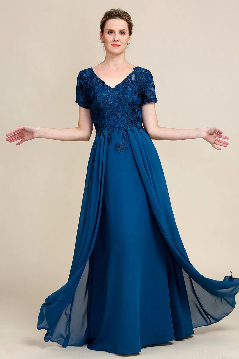 Elegant A-Line V-Neck Cap Sleeve Lace-Back Floor-Length Mother of the Bride Dresses