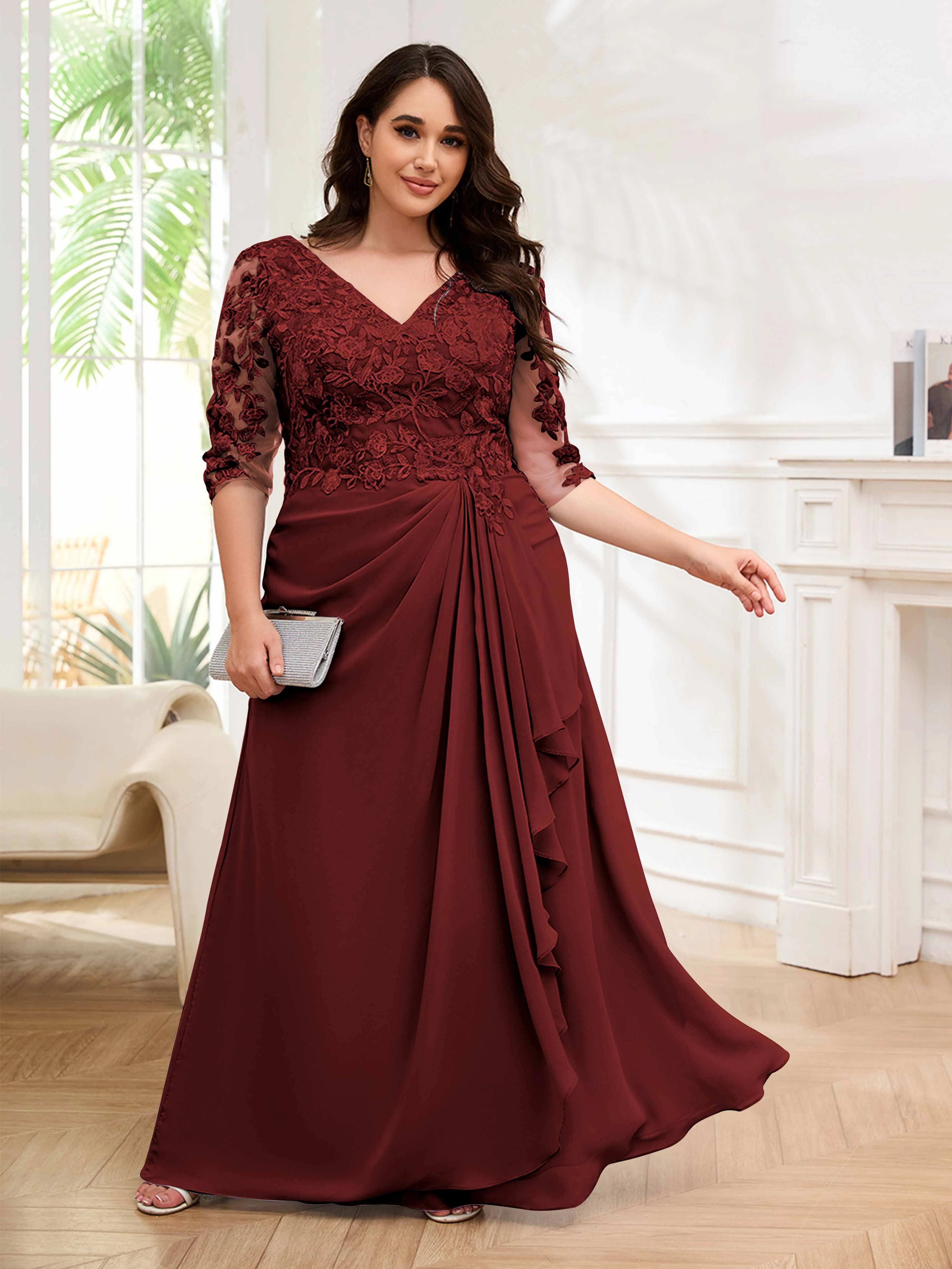 Elegant A-Line V-Neck Half-Sleeve Lace-Up-Back Floor-Length Lace Appliques Chiffon Plus Size Dresses