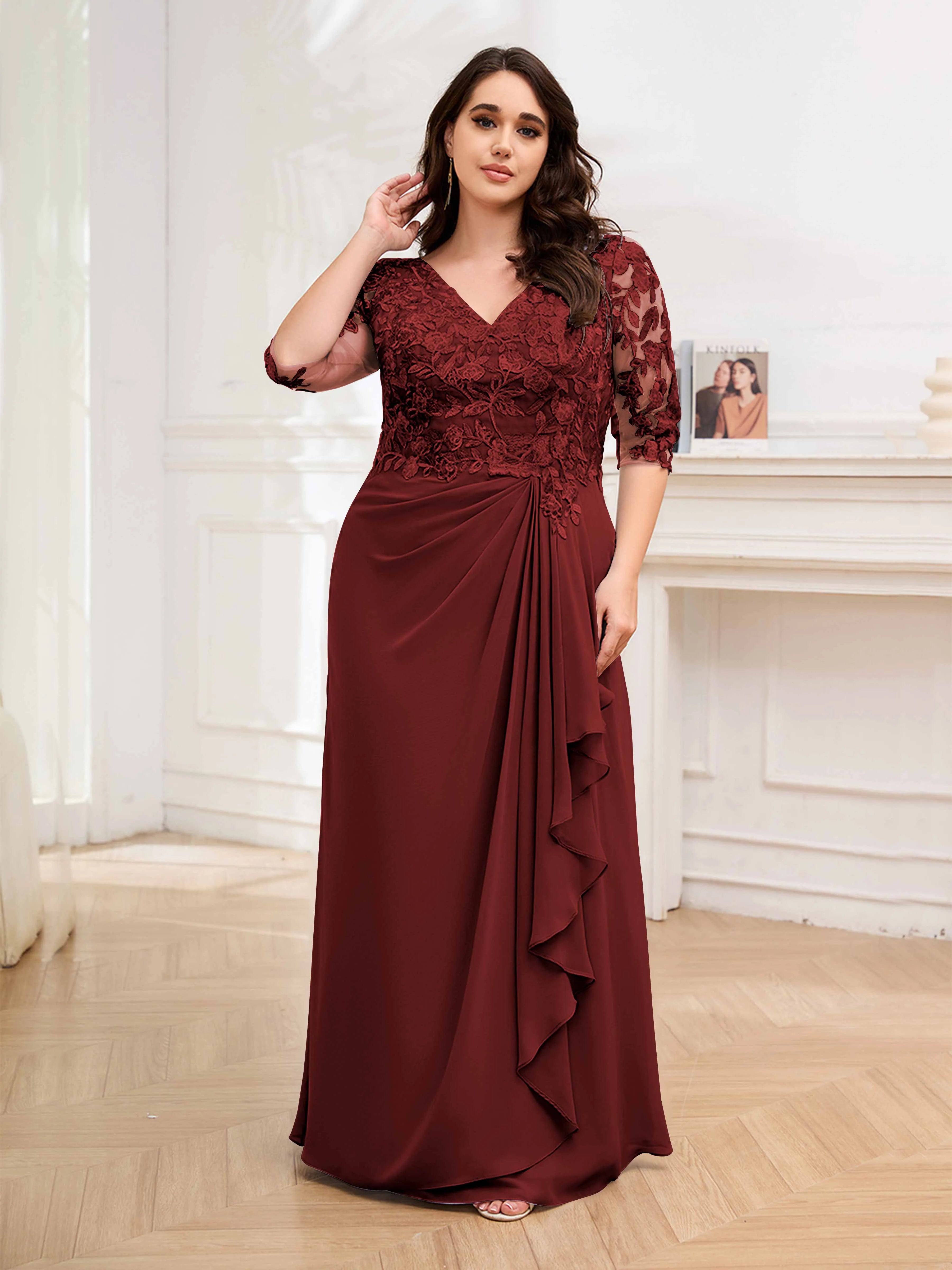 Elegant A-Line V-Neck Half-Sleeve Lace-Up-Back Floor-Length Lace Appliques Chiffon Plus Size Dresses