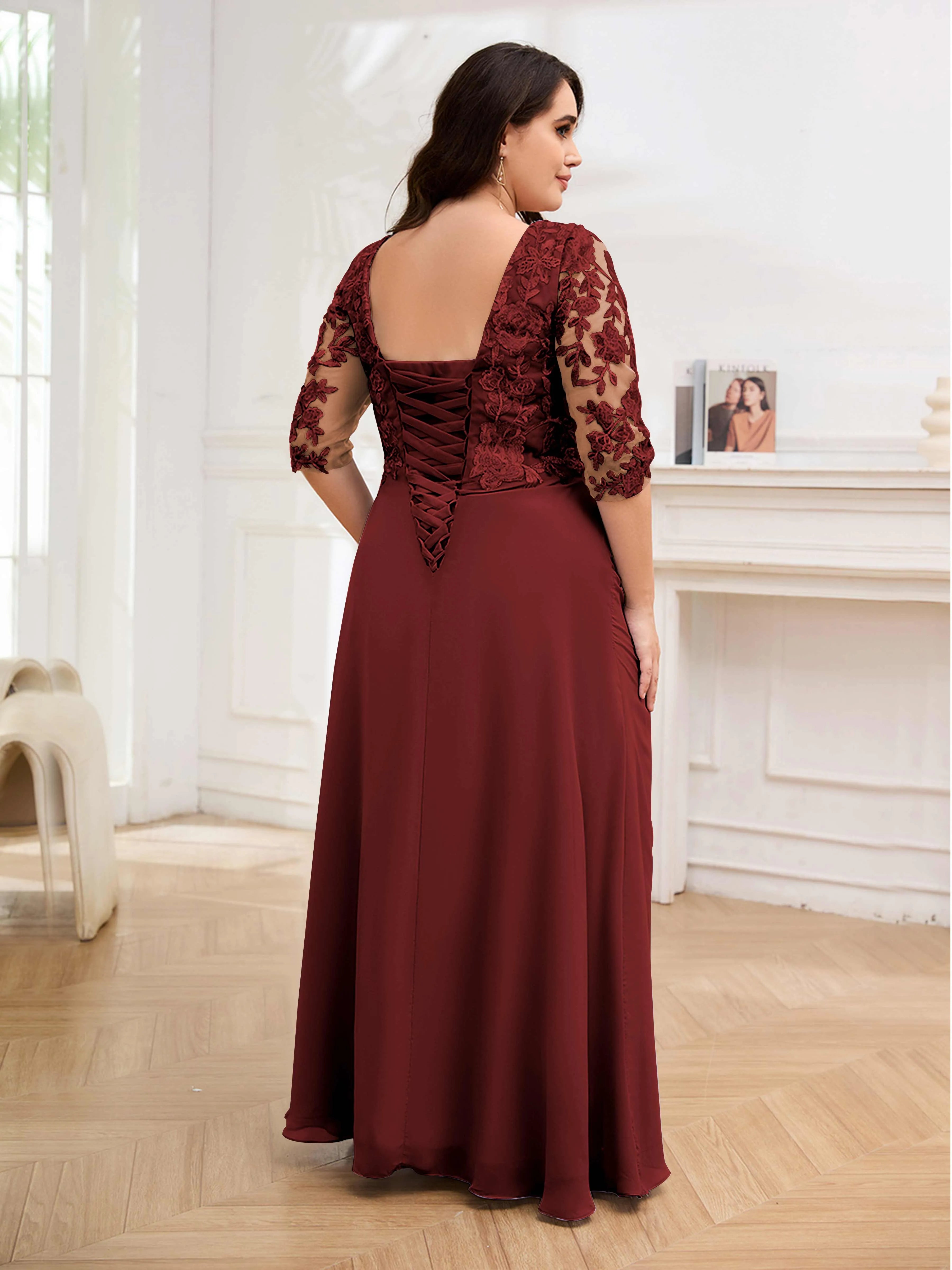 Elegant A-Line V-Neck Half-Sleeve Lace-Up-Back Floor-Length Lace Appliques Chiffon Plus Size Dresses
