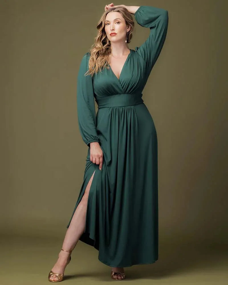 Elegant A-Line V-Neck Long-Sleeve Open-Back Floor-Length Plus Size Dresses