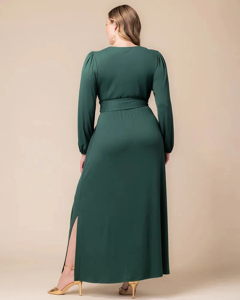 Elegant A-Line V-Neck Long-Sleeve Open-Back Floor-Length Plus Size Dresses