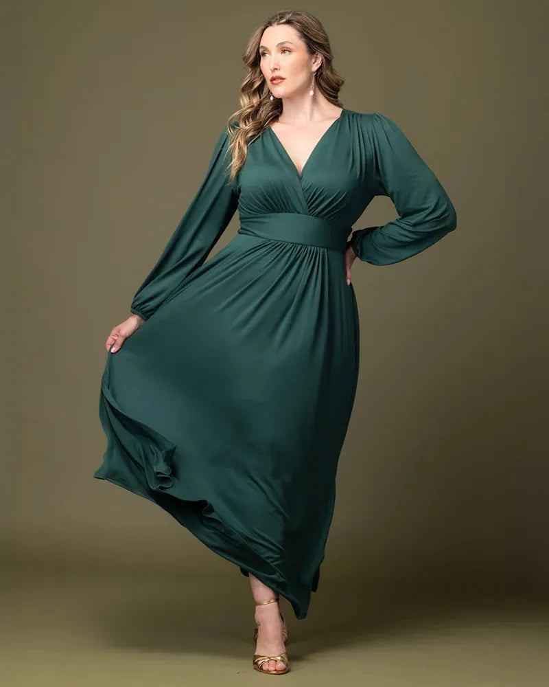 Elegant A-Line V-Neck Long-Sleeve Open-Back Floor-Length Plus Size Dresses
