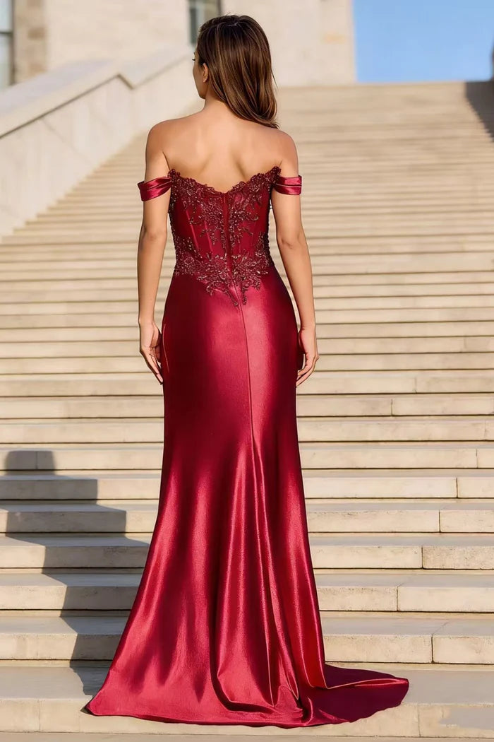 Elegant Burgundy Mermaid Sweetheart Neck Off-The-Shoulder Zipper Back Long Prom Dresses