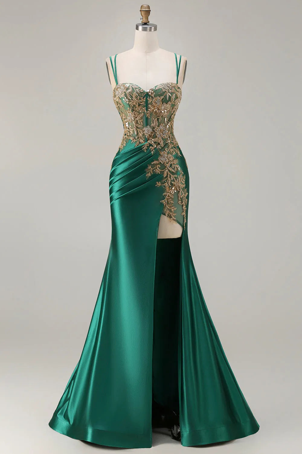 ElegantDark Green Mermaid Sweetheart Neck Spaghetti Strap Lace Up Back Long Prom Dresses with Slit