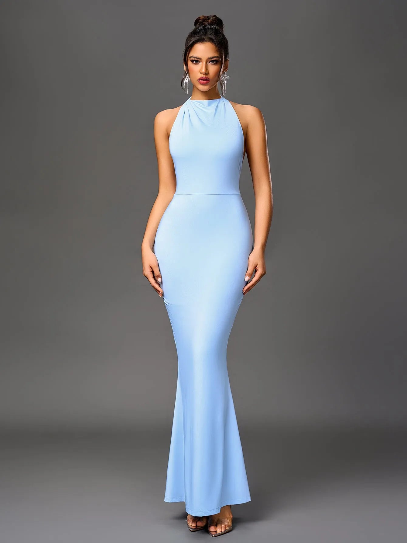 Elegant Fitted Halter Neck Open Back Satin Mermaid Floor-Length Prom Dresses
