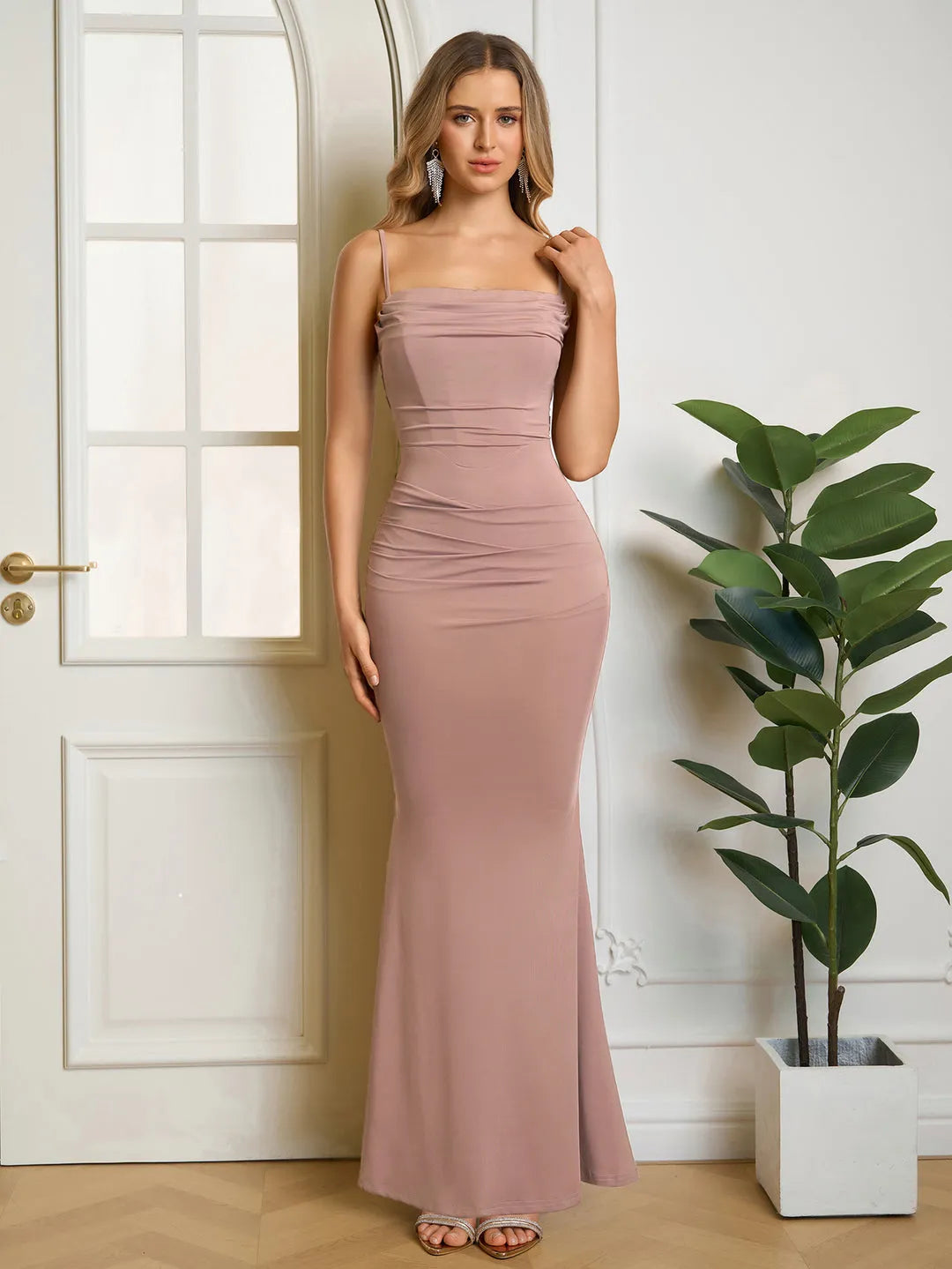 Elegant Fitted Square Neck Spaghetti Strap Ruched Back Mermaid Floor-Length Prom Dresses