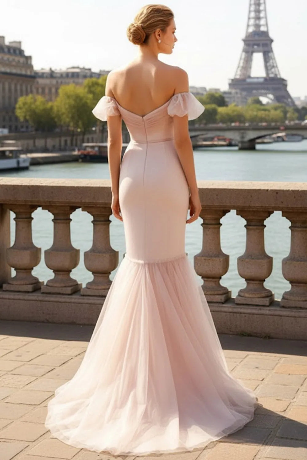 Elegant Light Pink Mermaid Off-The-Shoulder Puff Sleeve Zipper Back Tulle Long Prom Dresses