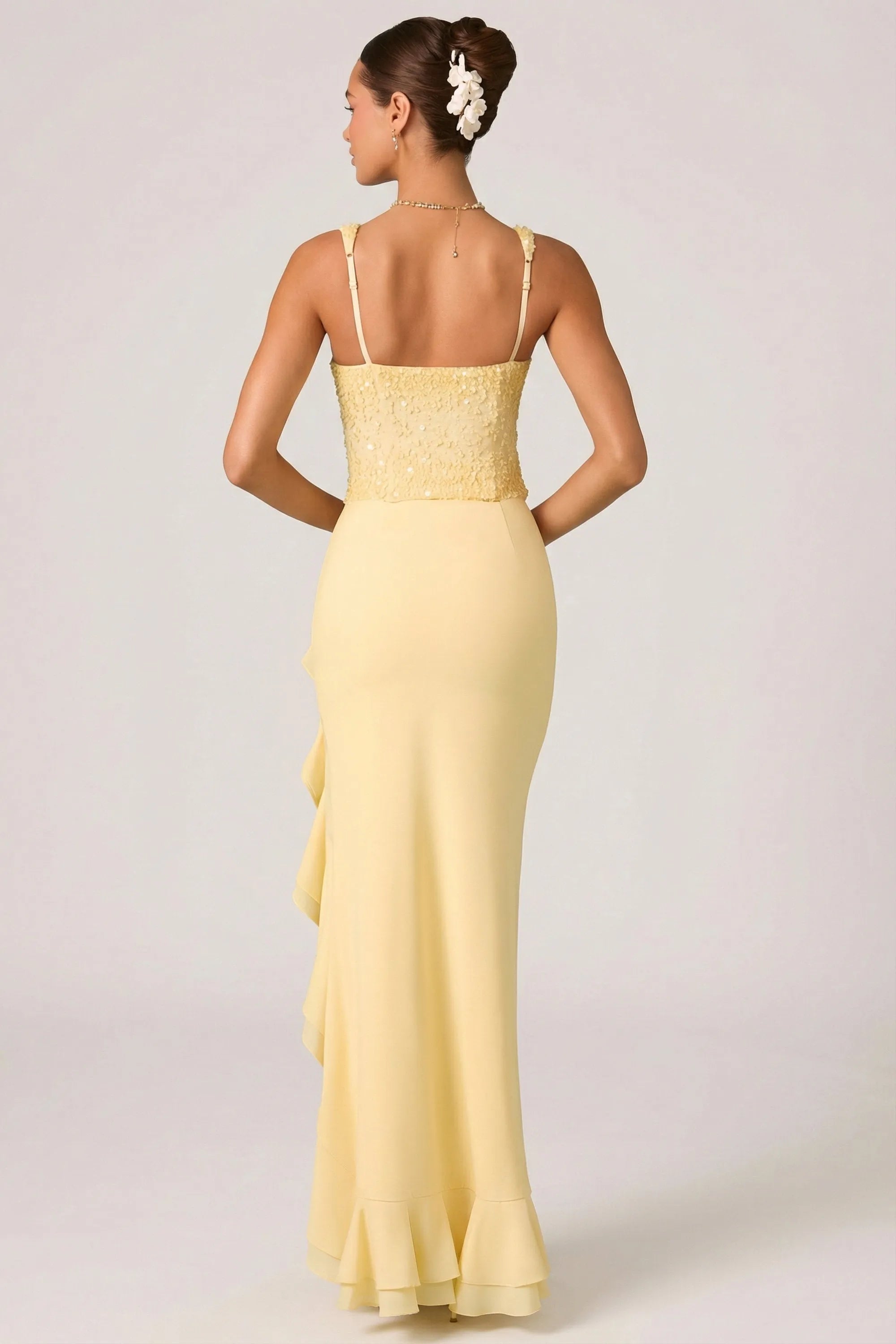 Elegant Mermaid Square Neck Sleeveless Sequin Bodice Ruffled High Slit Floor Length Prom Dresses