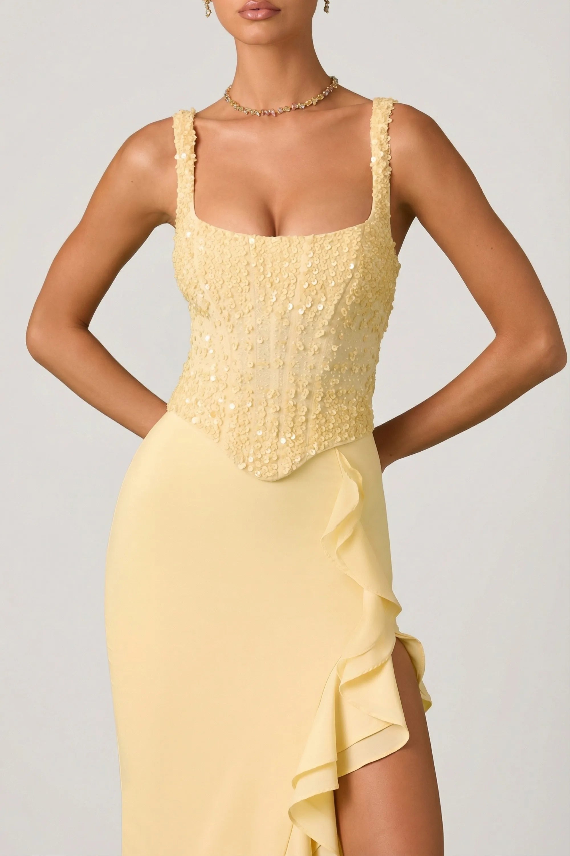 Elegant Mermaid Square Neck Sleeveless Sequin Bodice Ruffled High Slit Floor Length Prom Dresses