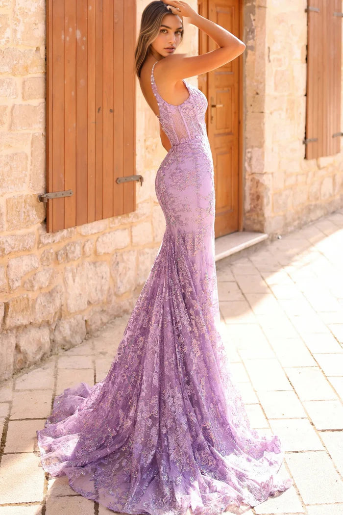 Elegant Mermaid Square Neck Spaghetti Strap Glitter Lace Detail Zipper Back Long Prom Dresses