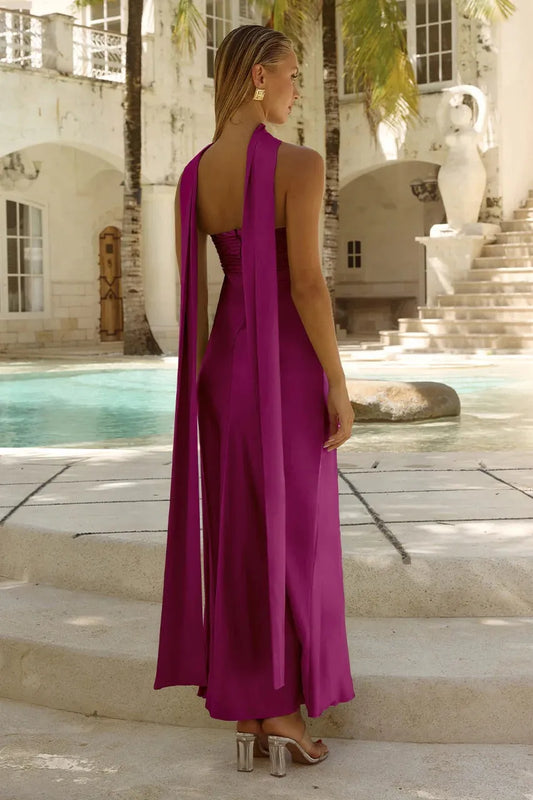 Elegant Plum Sheath Strapless Halter Sleeveless Zipper Back Long Prom Dresses