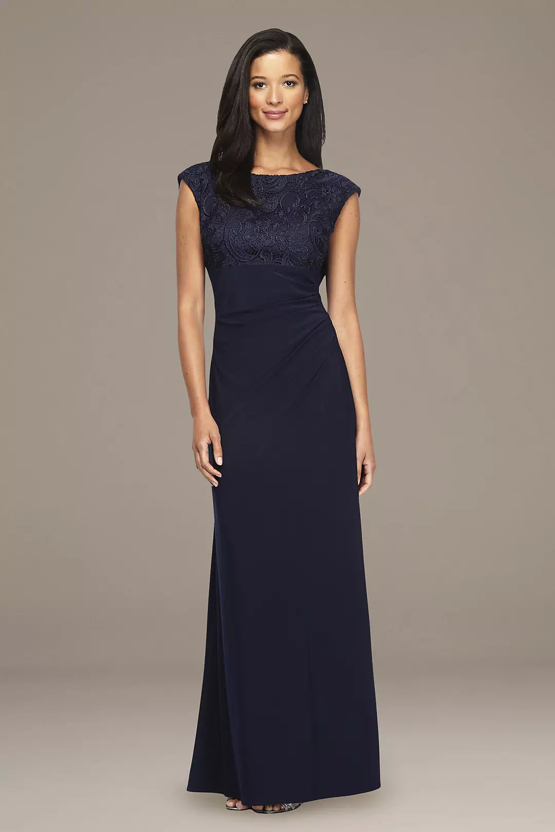 Elegant Sheath Boat Neck Cap-Sleeve Drape Back Floor-Length Evening Dresses