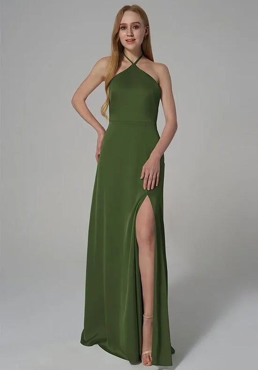 Elegant Sheath Halter Neck Sleeveless Tie Back Long Bridesmaid Dresses