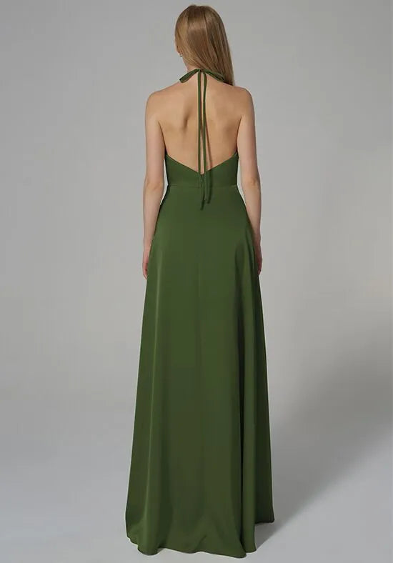 Elegant Sheath Halter Neck Sleeveless Tie Back Long Bridesmaid Dresses