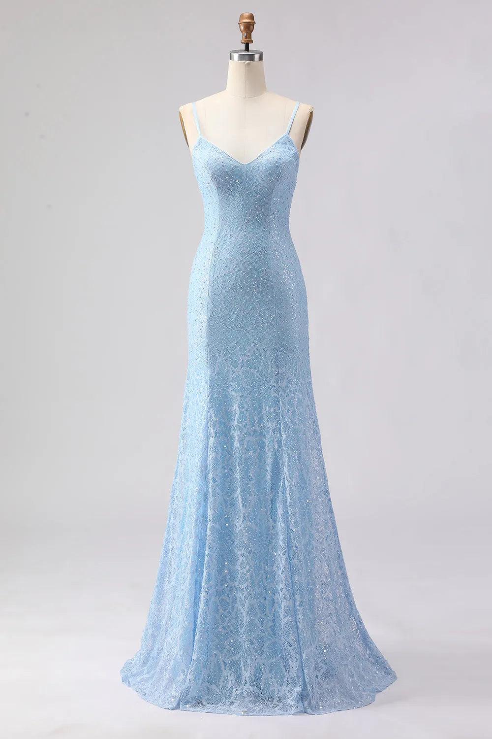 Elegant Sky Blue Mermaid Deep V Neck Spaghetti Strap Lace Up Back Beaded Prom Dresses