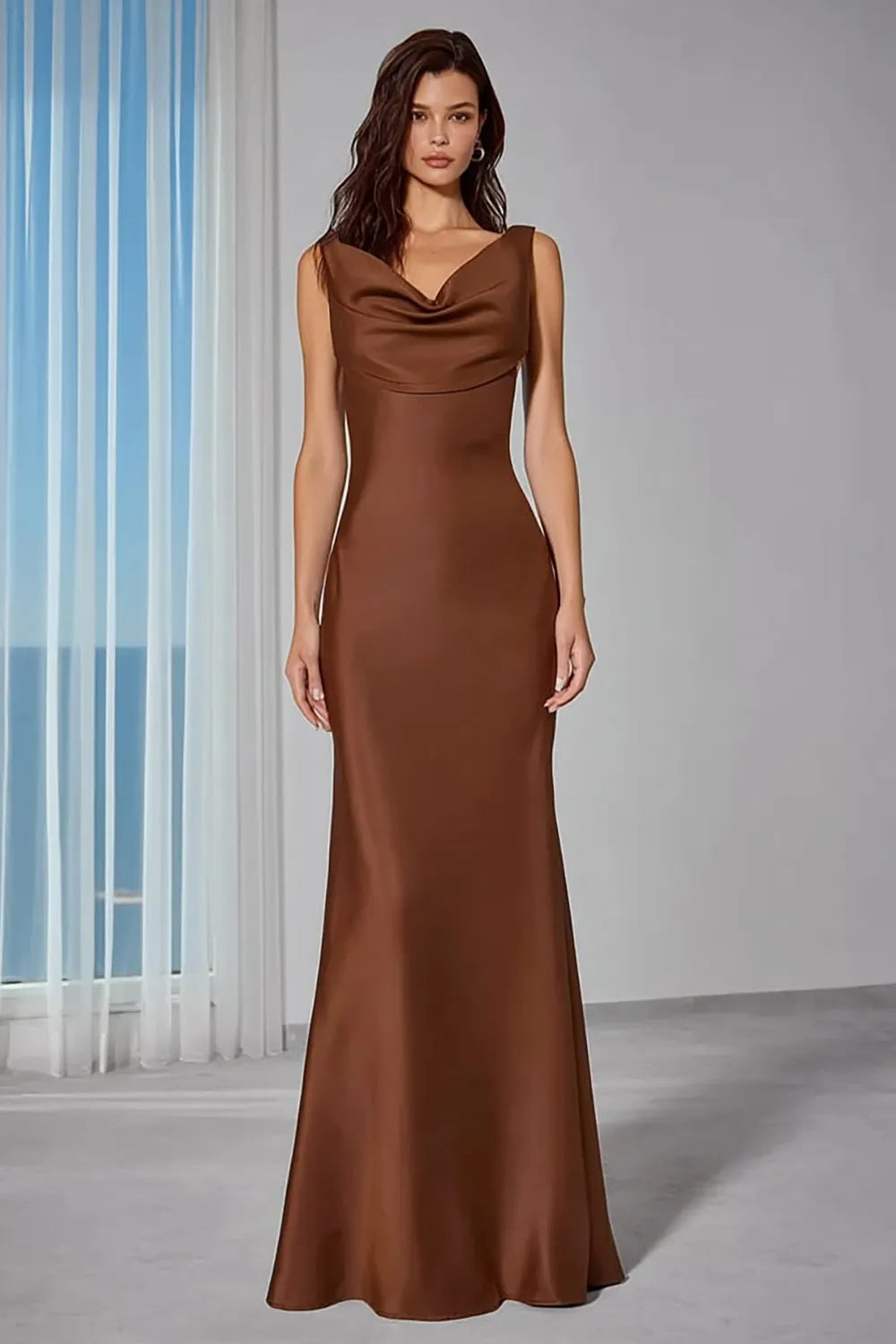 Elegant Trumpet Cowl Neck Sleeveless Zip Back Long Bridesmaid Dresses
