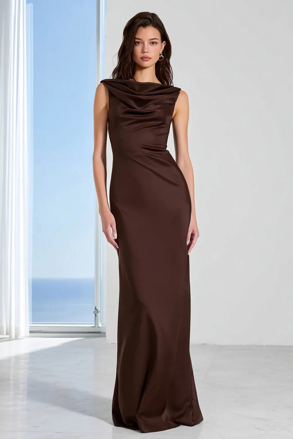 Elegant Trumpet Cowl Neck Sleeveless Zip Back Long Bridesmaid Dresses