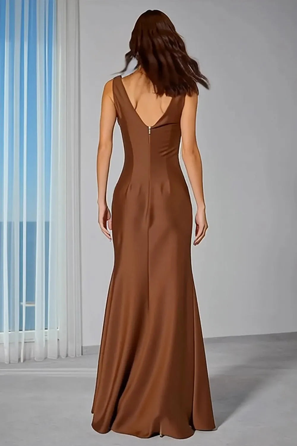 Elegant Trumpet Cowl Neck Sleeveless Zip Back Long Bridesmaid Dresses