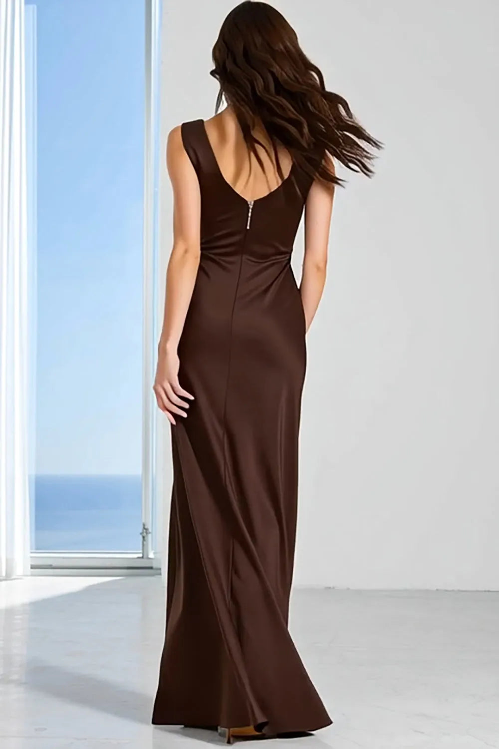 Elegant Trumpet Cowl Neck Sleeveless Zip Back Long Bridesmaid Dresses