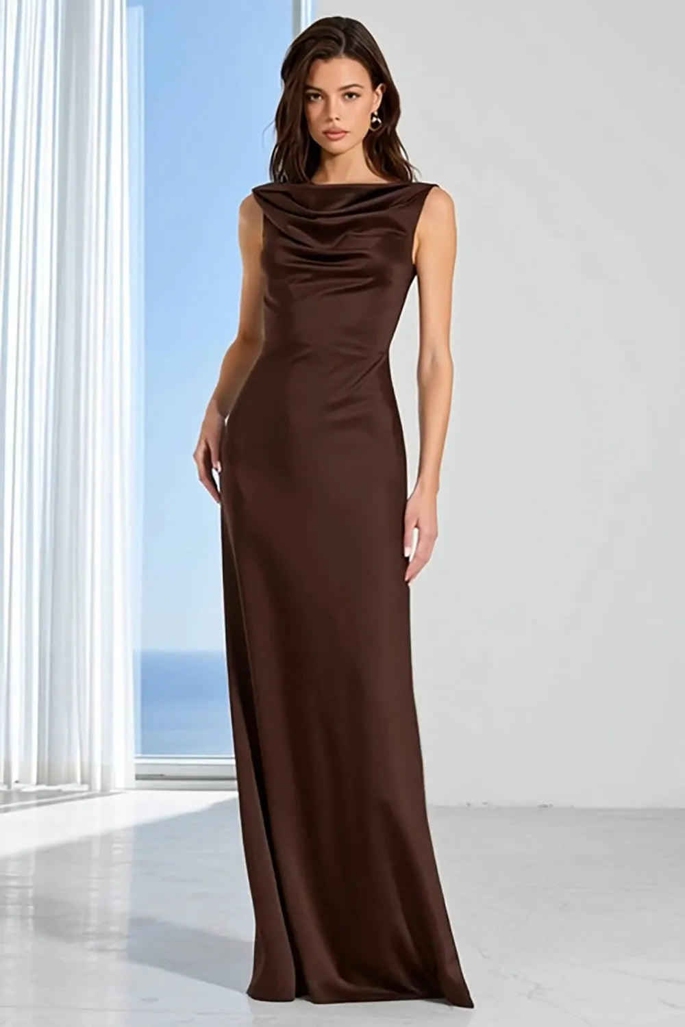 Elegant Trumpet Cowl Neck Sleeveless Zip Back Long Bridesmaid Dresses