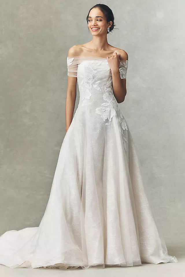 Ethereal A-Line Off-The-Shoulder Short-Sleeve Button-Back Chapel-Train Wedding Dresses
