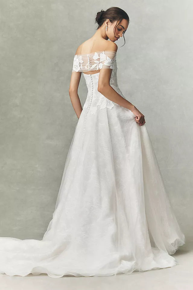 Ethereal A-Line Off-The-Shoulder Short-Sleeve Button-Back Chapel-Train Wedding Dresses