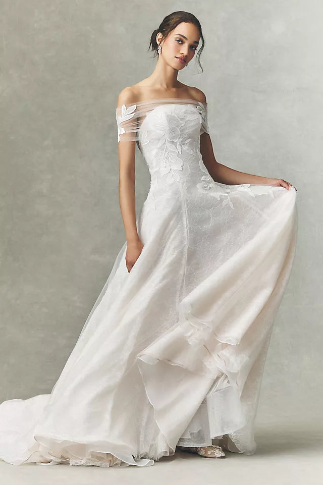 Ethereal A-Line Off-The-Shoulder Short-Sleeve Button-Back Chapel-Train Wedding Dresses
