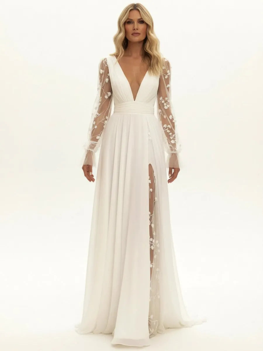 Ethereal A-Line V-Neck Lace-Long-Sleeve V-Back Chapel-Train Wedding Dresses
