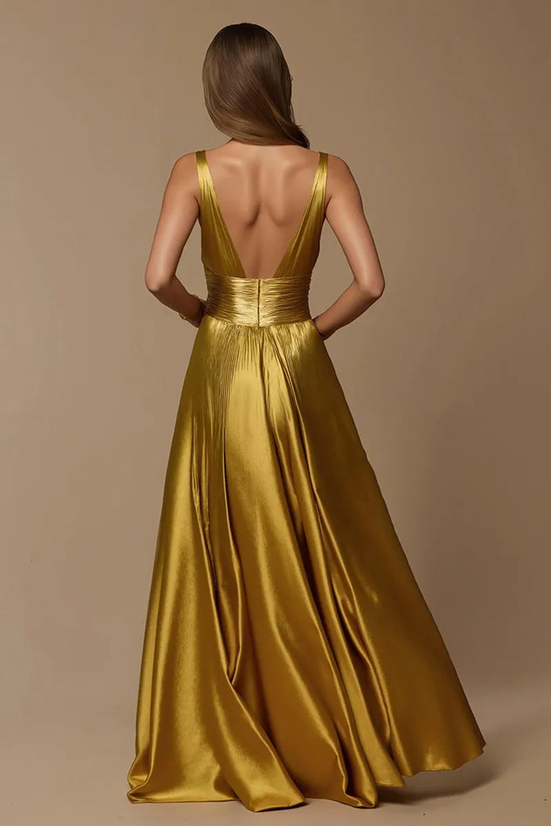 Glamorous A-Line Deep V-Neck Sleeveless Plunging Back Floor-Length Evening Dresses